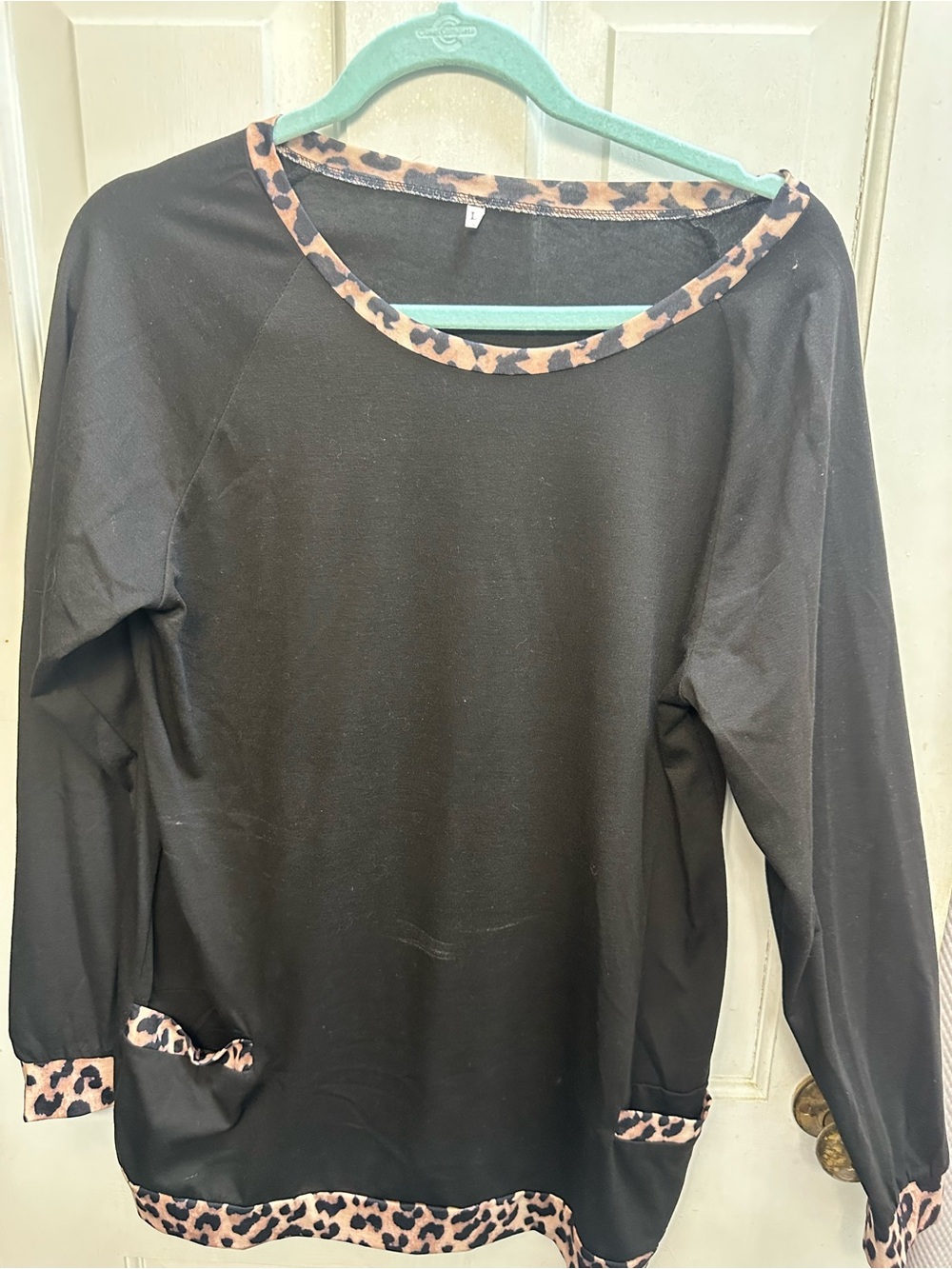 Black Long-Sleeve Top with Leopard Trim